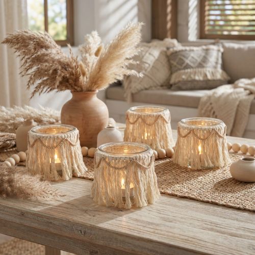 Lantern glass fringes macrame cream boho Ø9.5cm 4pcs | Floristik24.ie