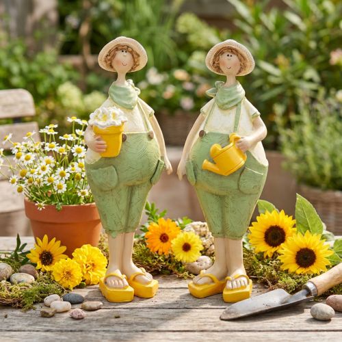 Decorative gardener figurines, table decoration, summer, green/yellow, 16.5 x 5.5 cm, 2 pieces | Floristik24.ie