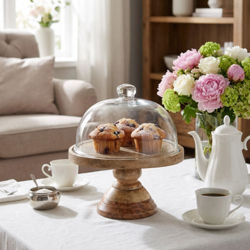 Wooden plate with glass dome, decorative glass bell, Ø27cm H31cm | Floristik24.ie