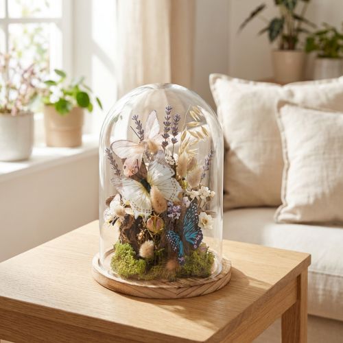 Glass bell on wooden tray, glass jar, clear, natural, Ø17cm, H24cm | Floristik24.ie