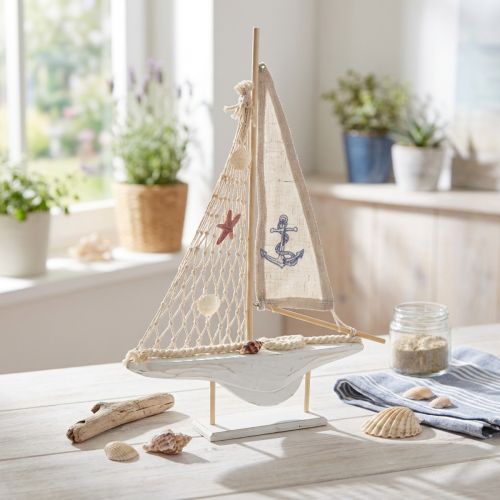 Product Sailboat decoration wood pine on base natural white H39cm