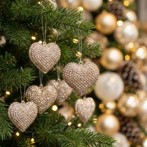 Glitter Heart for Hanging Champagne 6cm x 6.5cm 12 pcs | Floristik24.ie