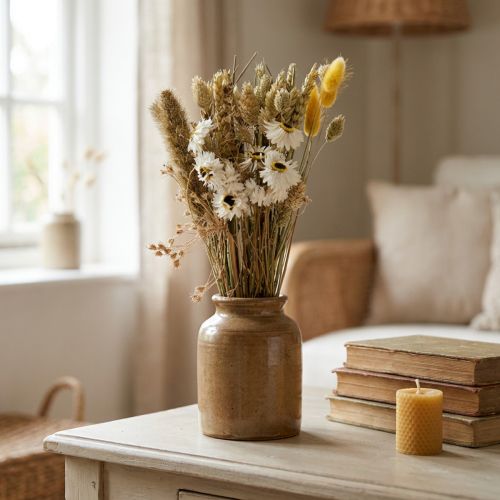 Dried flower bouquet straw flowers Phalaris white yellow 30cm | Floristik24.ie