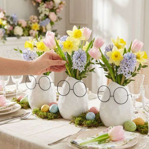 Vase with Glasses Easter Decoration Ceramic White Ø8.5cm H13cm 3 pcs | Floristik24.ie