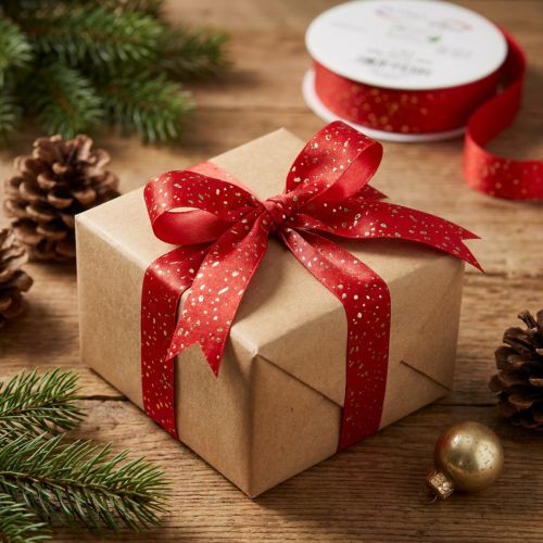 Christmas ribbon with golden speckles, red, 25mm, 20m | Floristik24.ie