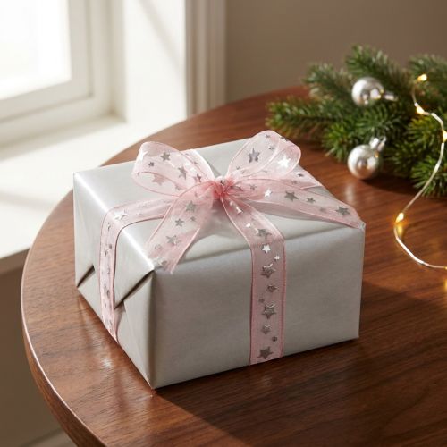 Product Christmas ribbon organza pink with star motif 15mm 20m