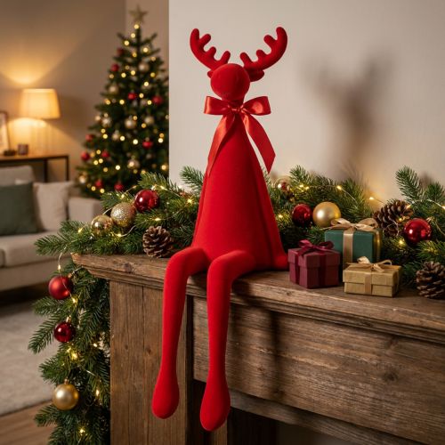 Product Decorative moose figurine, flocked shelf sitter with bow, 80cm