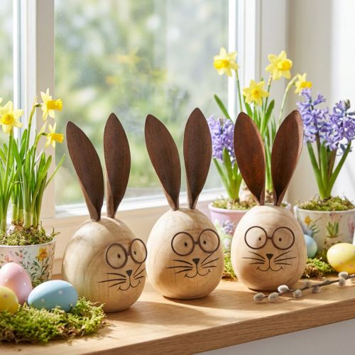 Egg-shaped rabbit decorative figure with character for spring and seasonal decoration, 14cm, 3 pieces | Floristik24.ie