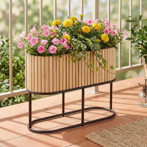 Mini raised bed, jardiniere, planter, wood, oval, 50×20cm, H40cm | Floristik24.ie