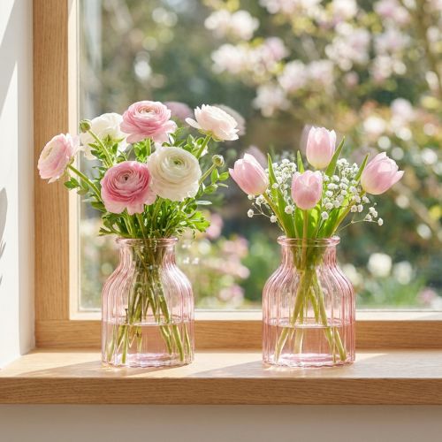 Glass flower vase, retro, pink tinted, Ø11cm, H14.5cm, 2 pieces | Floristik24.ie