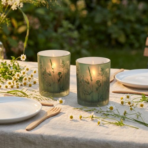 Decorative Glass Lantern Green White Motif Meadow H12.5cm 2 Pcs | Floristik24.ie