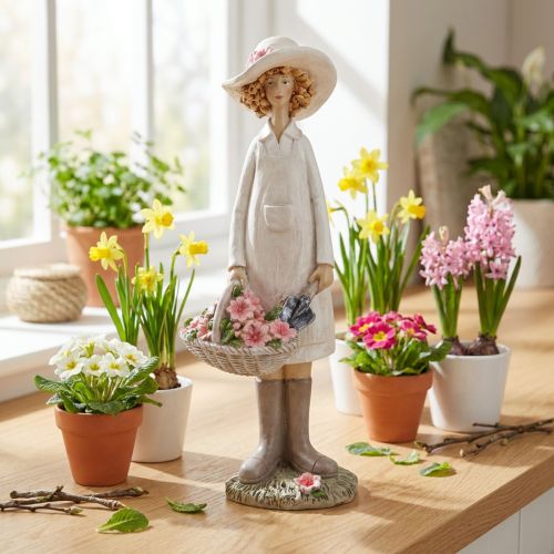 Decorative figurines gardener, decorative woman with flowers, white pink, H21cm | Floristik24.ie