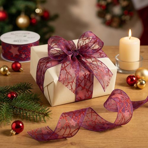 Product Glittering star-patterned decorative ribbon for Christmas decorations, 40mm x 15m