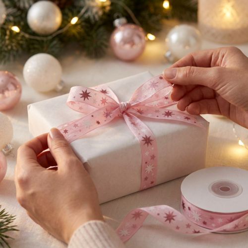 Ribbon Christmas gift ribbon pink star pattern 15mm 20m | Floristik24.ie