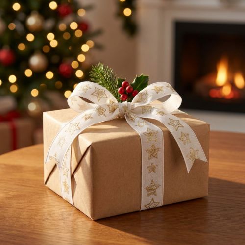 Christmas ribbon with star motif white gold 25mm 18m | Floristik24.ie