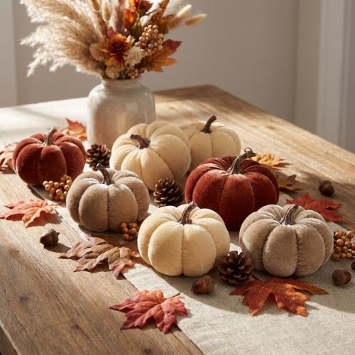 Pumpkin decorations, fabric pumpkins, yellow, beige, reddish-brown, Ø7cm, 9 pieces | Floristik24.ie
