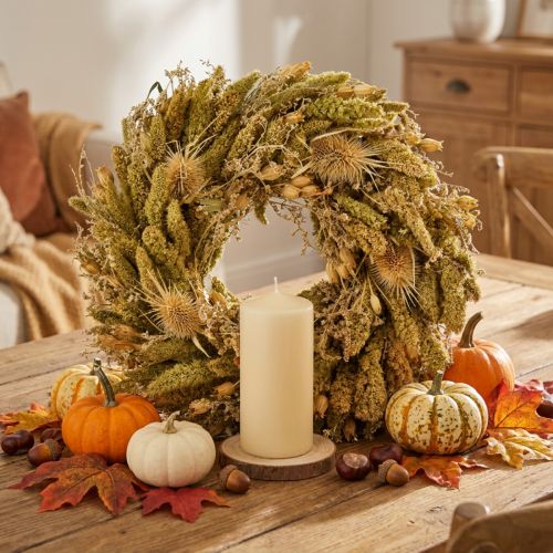 Decorative dried wreath with teasels and millet in yellow-olive green, natural country style, Ø28cm, versatile wall and table decoration | Floristik24.ie
