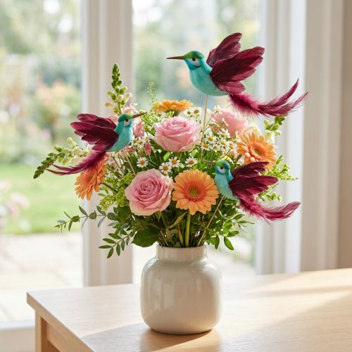 Hummingbird Decoration on Stick Turquoise Burgundy 13–15cmx9–10cm 6 pcs | Floristik24.ie