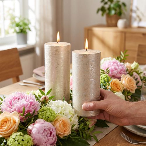 Premium platinum-colored pillar candles, 85x120mm, long burning time, set of 2 | Floristik24.ie