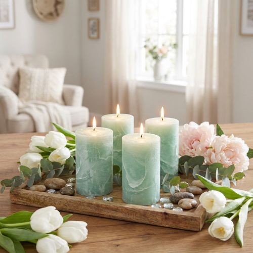 Solid-colored candles light green 60x100mm 4 pcs | Floristik24.ie