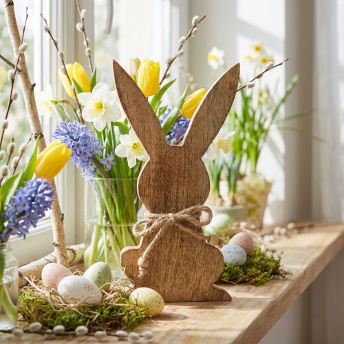 Wooden Easter bunny, spring decoration, mango wood natural color H30cm | Floristik24.ie