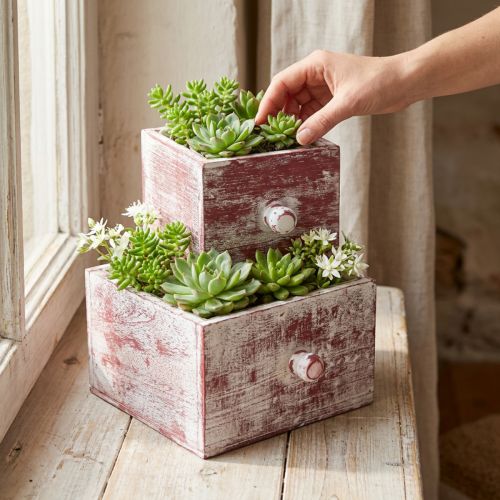 Plant box shabby chic decorative drawer red white set of 2 | Floristik24.ie