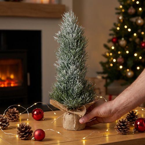 Mini Christmas tree artificially snowed in a sack H41cm | Floristik24.ie
