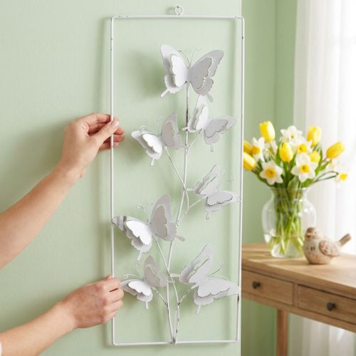 Butterfly Hanging Art Spring Metal Wall Art Shabby Chic White Silver H47.5cm | Floristik24.ie