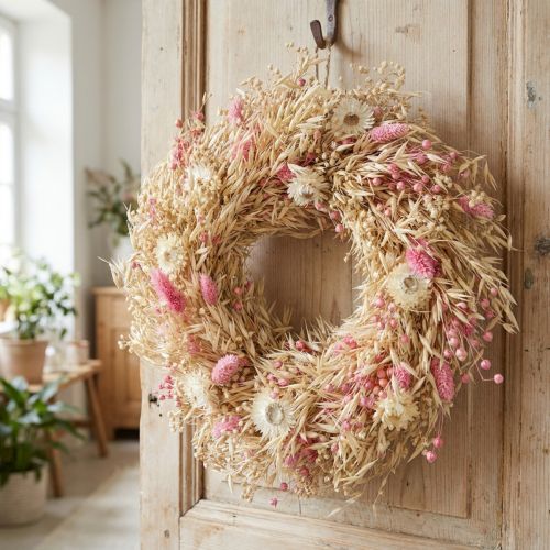 Decorative wreath, oat wreath, natural wreath, strawflowers, pink, Ø29cm | Floristik24.ie