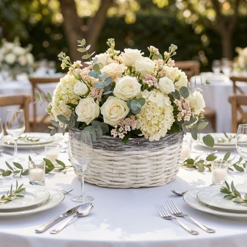 Decorative round basket, white and brown, Ø29cm, woven planter, gift, wedding decoration | Floristik24.ie