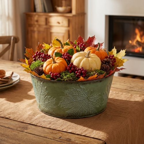 Planter bowl with maple leaves, autumn decoration, metal container green Ø25cm H11cm | Floristik24.ie