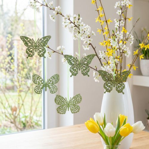 Decorative Hanging Butterfly Green Glitter 8cm 12 pcs | Floristik24.ie