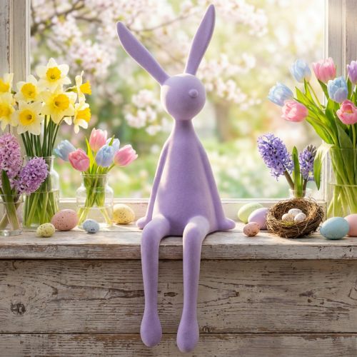 Shelf sitter rabbit, flocked, sitting Easter bunny, lilac, 56cm | Floristik24.ie