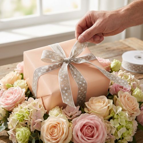 Product Gift ribbon hearts decorative ribbon beige 25mm 15m