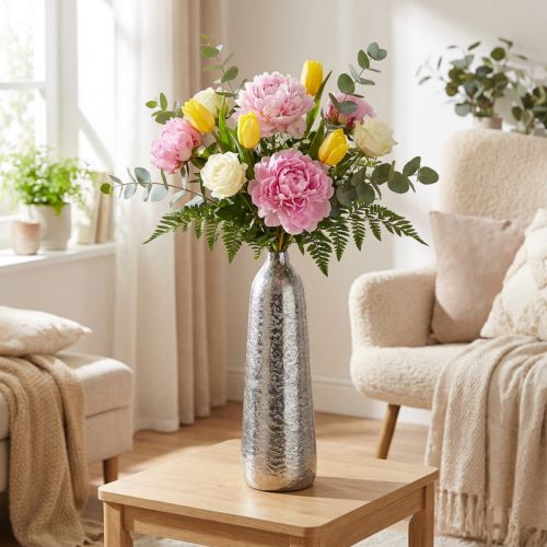 Decorative Vase Metal Hammered Flower Vase Silver Ø9.5cm H32cm | Floristik24.ie