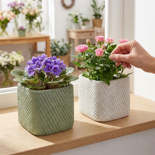 Planter ceramic white green relief mesh 12.5x12.5cm H9cm 2pcs | Floristik24.ie
