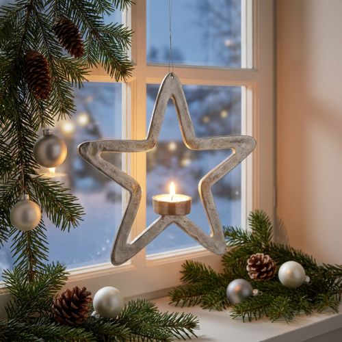 Decorative star tealight holder metal for hanging silver 24cm | Floristik24.ie