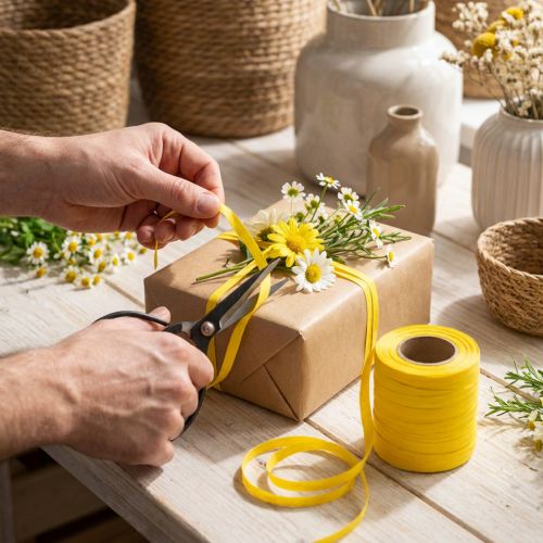 Product Curly ribbon, gift ribbon, yellow cotton, 10mm, 100m, sustainable