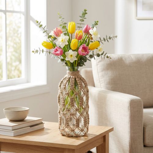 Macrame bottle glass decorative vase natural jute Ø10.5cm H26cm | Floristik24.ie