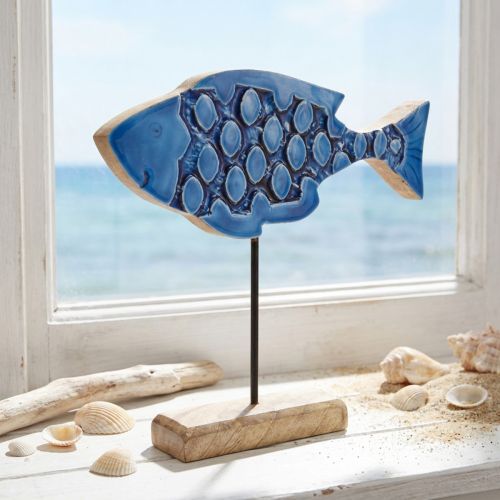 Maritime decorative wooden fish on stand blue 25cm × 24.5cm | Floristik24.ie