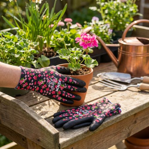 Kixx Garden Gloves, Black with Pink Flowers, Size 8 | Floristik24.ie