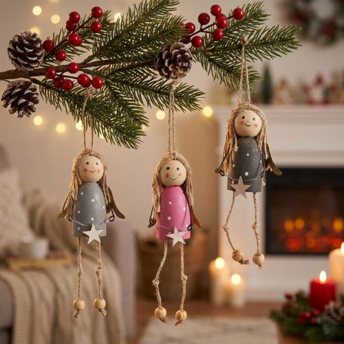 Wooden Angel for Hanging Grey, Pink 7.5cm 6 pcs | Floristik24.ie
