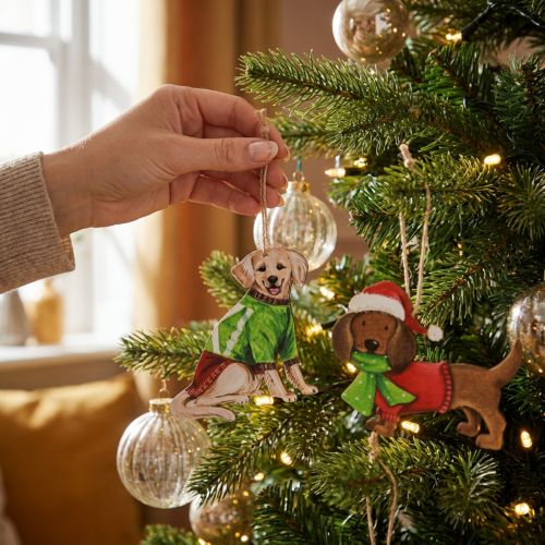 Dog Christmas Ornament, Decorative Hanging Ornament, Dog with Scarf and Hat, 12cm, 2 Pieces | Floristik24.ie