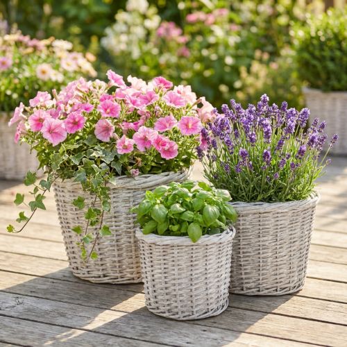 Product Large planting basket with foil, white-grey, Ø43/34/28cm, set of 3
