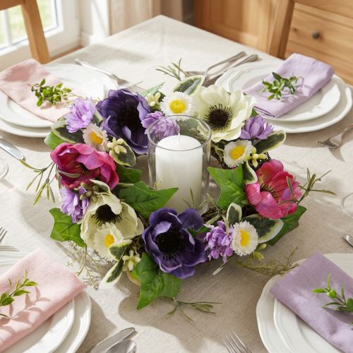 Product Artificial Flower Wreath Anemones Daisies Purple White Ø25cm