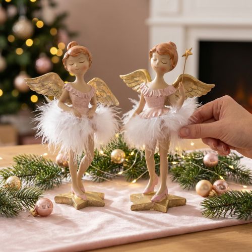 Decorative ballerina angel pink, golden Ø11.5 H15cm 2pcs | Floristik24.ie