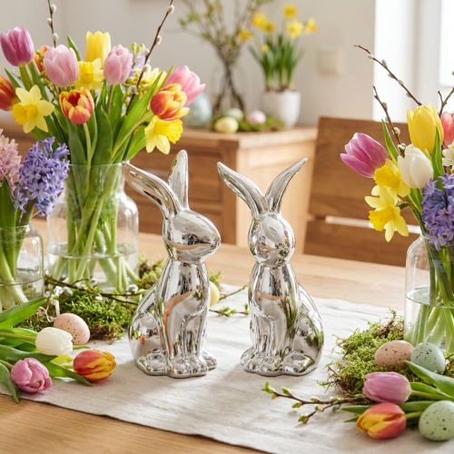 Decorative Easter Bunny Ceramic Decorative Bunny Sitting Silver 18cm 2 Pcs | Floristik24.ie