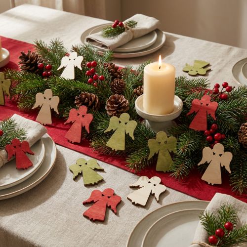 Scatter decoration Christmas wooden angel red green natural 5x3.5cm 48 pcs | Floristik24.ie