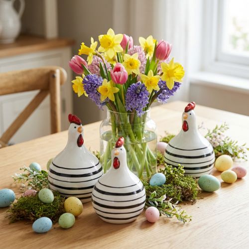 Decorative Chicken Ceramic White with Black Stripes Round Ø 7cm H11cm 3 pcs | Floristik24.ie