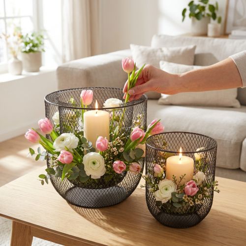 Modern candleholder Black metal basket Ø28.5/18cm Set of 2 | Floristik24.ie